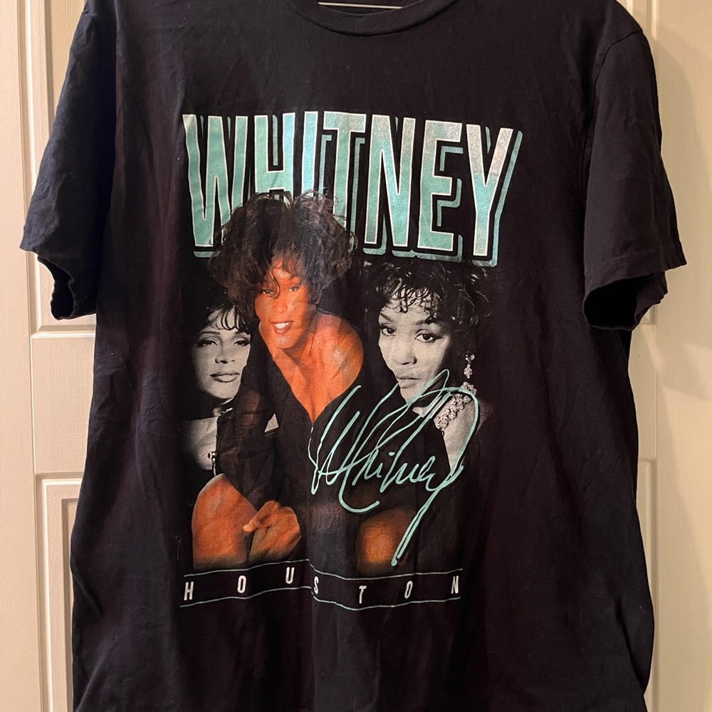 Whitney Houston Graphic Tee - Black with Teal & Orange Print
